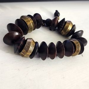 BROWN HEMATITE EXTRA HEAVY W/ BRUSHED GOLD ACCENTS ADJUSTABLE BRACELET VINTAGE